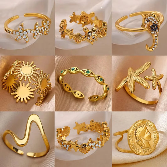 Dainty Zircon Shell Starfish Turtle Evil Eye Rings Stainless Steel Ring Women Anti Fading Golden Charm Jewelry Accessories Gifts