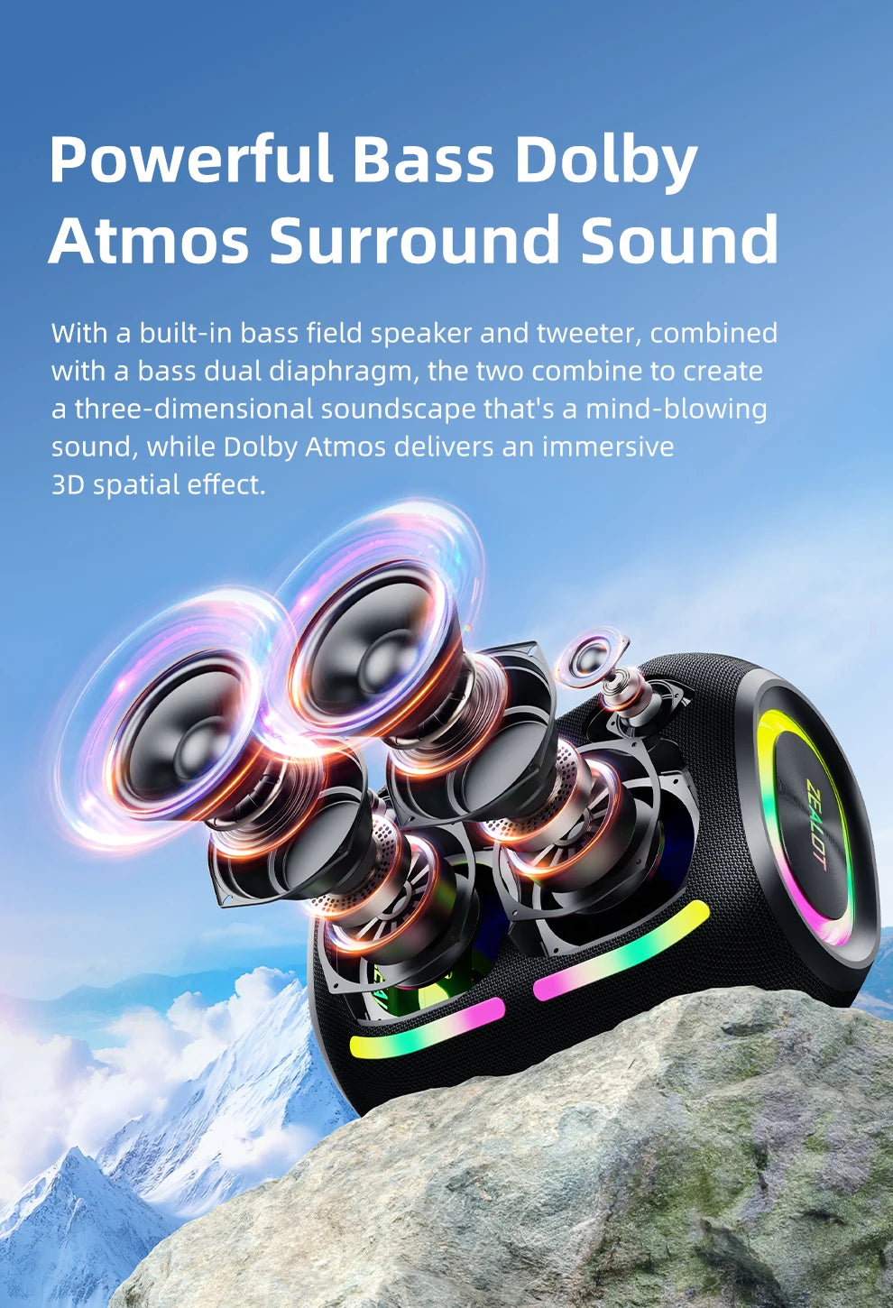 ZEALOT-ZE01 120W Big Power Wireless TWS Subwoofer Bluetooth Speaker High Volume Waterproof Portable Mobile Power HIFI Sound Qual