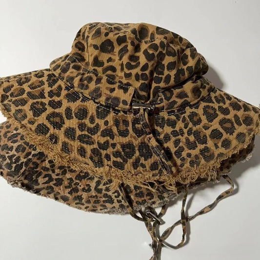 Retro Leopard Print Washed Fringed Fisherman Hat for Men and Women Seasonal Hanging Rope Outdoor Travel Basin Hat Sun Hat