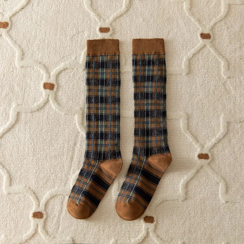 Stockings Women Harajuku Retro Vintage Plaid Long Socks Stocking JK College Style School Girls Cotton Knee Socks Women Stockings