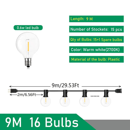 110V/220V Outdoor String Lights LED G40 Festoon Fairy Patio Garland Lamp Wedding Street Camping Garden Party Decoration Lights