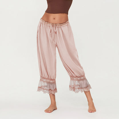Combhasaki Women's Y2K Loose Fit Bloomers Cropped Pants Drawstring High Waist Floral Lace Patchwork Calf-Length Lantern Trousers