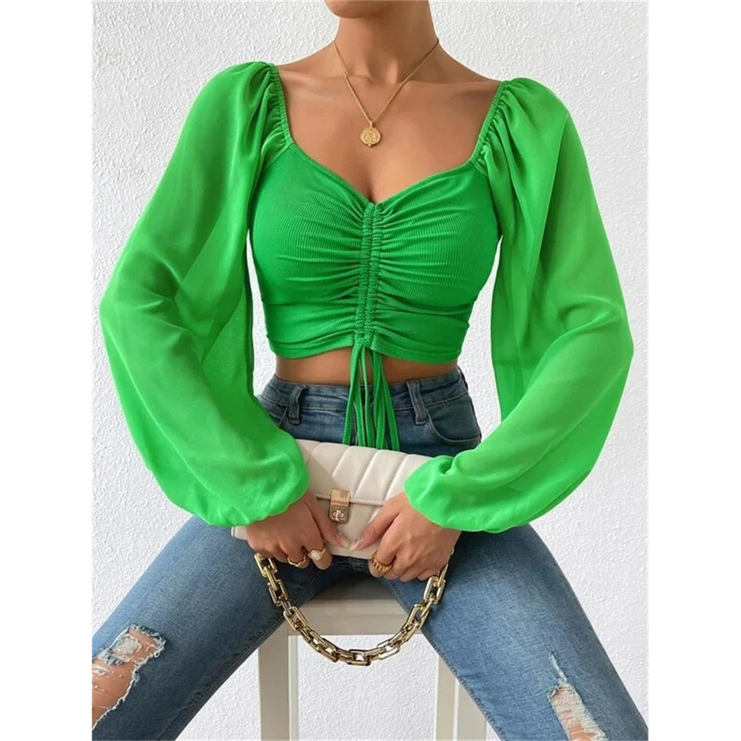 S-3XL Mesh Lantern Sleeves Drawstring Wrap Chest Bare Midriff T-Shirt Women Long Sleeve Ruched Blouse Sexy Crop Top Tee K5995