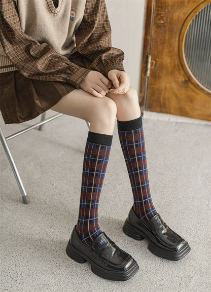 Stockings Women Harajuku Retro Vintage Plaid Long Socks Stocking JK College Style School Girls Cotton Knee Socks Women Stockings