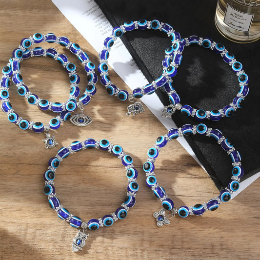 Classic Turkish Lucky Evil Eye Anklets For Women Blue Evil Eye Palm Butterfly Owl Pendant Beads Ankle Handmade Charm Jewelry