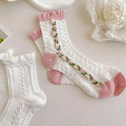 5 Pairs Lolita Japanese Woman Cute White Short Socks Set Girl Spring Summer Sweet Ruffle Lovely Cotton Socks For Women