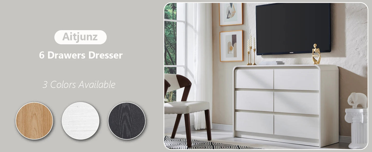 Modern 6 Drawers Dresser, 47" Wide Wood Dressers & Chests of Drawers w/Curved Profile Design, Natural Texture for Bedroom.