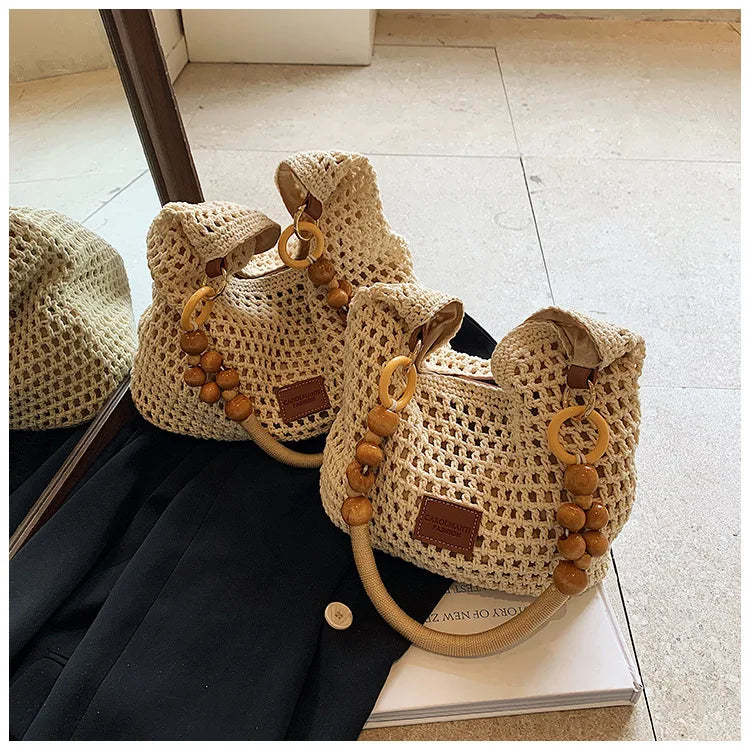 Beach Summer Bag for Women Mesh Woven Shoulder Bag Adjustable Strap Handbag Large Capacity Hobo Bag for Travel Vacation