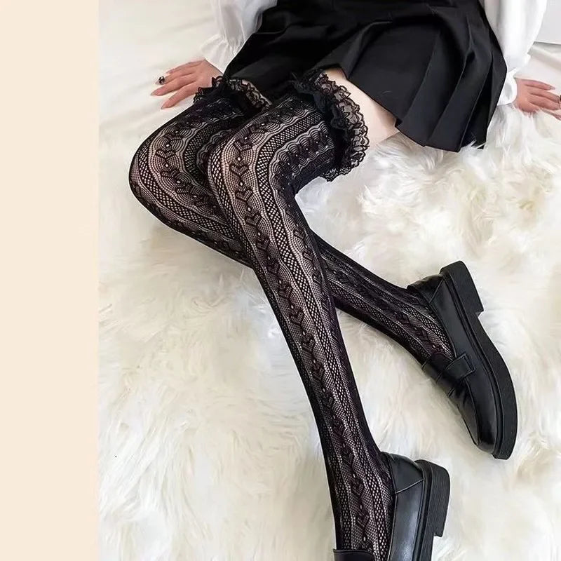 Women Sexy Lace Top Floral Rattan Fishnet Stockings Long Tube Mesh Over Knee Body Stockings Thigh High Hosiery Goth Long Socks