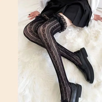 Women Sexy Lace Top Floral Rattan Fishnet Stockings Long Tube Mesh Over Knee Body Stockings Thigh High Hosiery Goth Long Socks