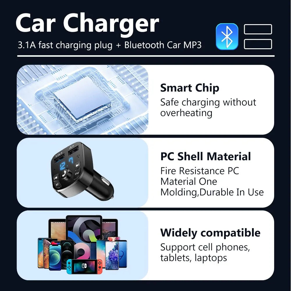 LED MP3 Car Bluetooth FM Audio Receiver Hands-Free Bluetooth 5.0 Transmitter 2.1A 3.1A QC3.0 PD Type C Dual USB Car kit Charger