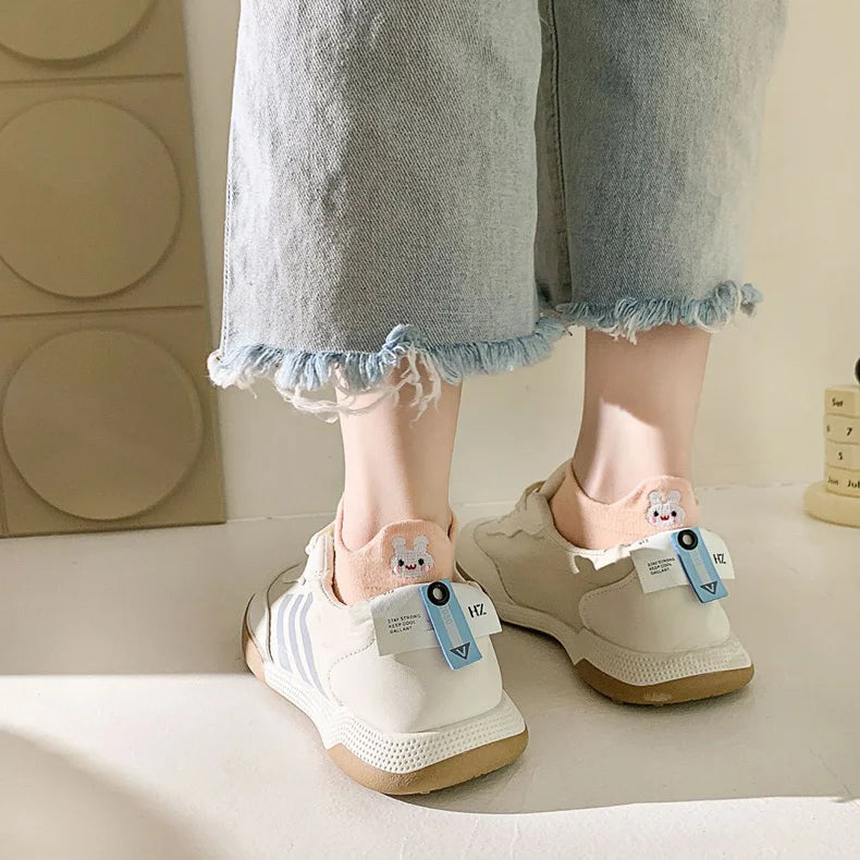 5 Pair Cute Embroidery Animal Women Socks Spring Summer Short Shallow Mouth Fashion Rainbow Female Low Cube Socks Set
