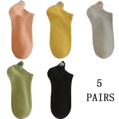5 Pair Cute Embroidery Animal Women Socks Spring Summer Short Shallow Mouth Fashion Rainbow Female Low Cube Socks Set