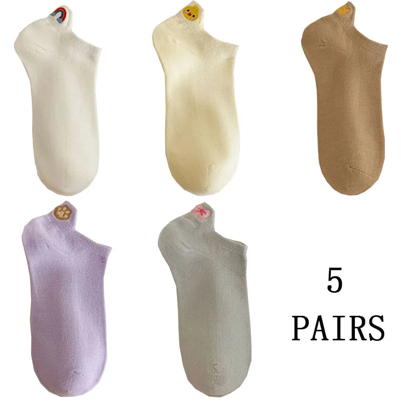 5 Pair Cute Embroidery Animal Women Socks Spring Summer Short Shallow Mouth Fashion Rainbow Female Low Cube Socks Set