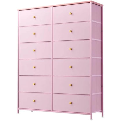 12-Drawer Dresser, 35.2’ Widened 6-Layer Fabric Storage Tower W/Textured Print Fabric Bins, Tall Chest Organizer Unit for Liv