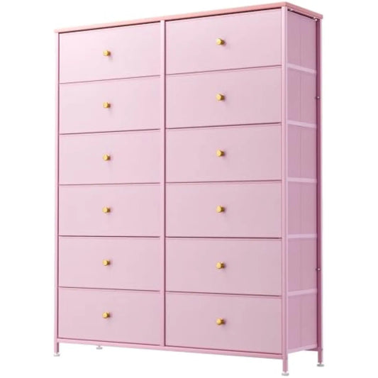 12-Drawer Dresser, 35.2’ Widened 6-Layer Fabric Storage Tower W/Textured Print Fabric Bins, Tall Chest Organizer Unit for Liv
