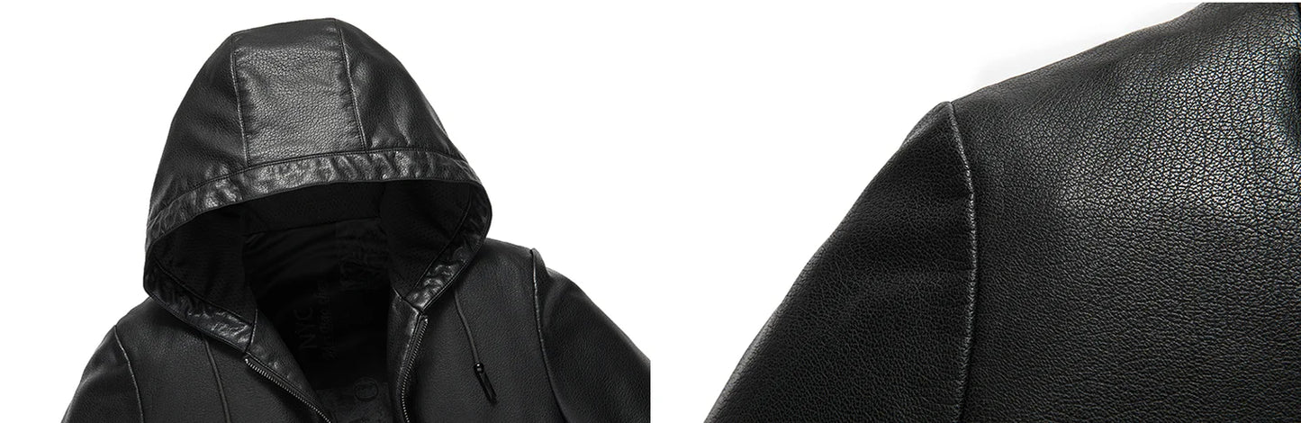 2024 High Quality Hooded Leather Fashion Handsome Trend Solid Color Casual Dad Dad Motorcycle Leather Jacket Upscale  M-4XL