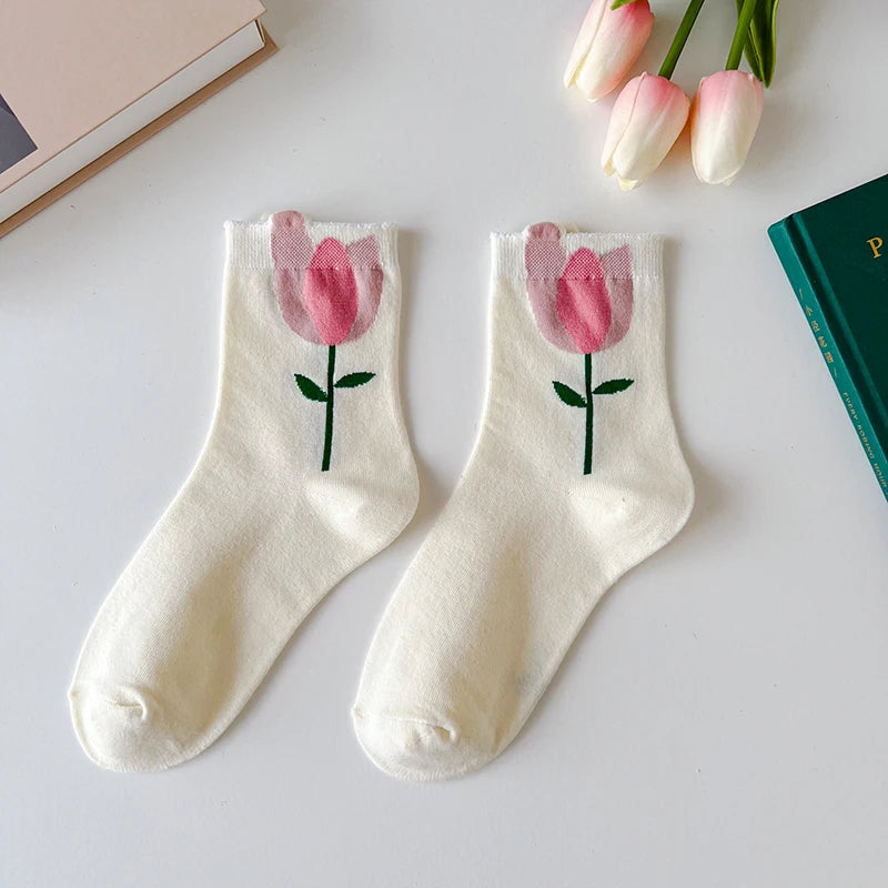 Women Socks Flower Rabbit Pattern Cute Kawaii Japanese Korean Style Cotton Harajuku Funny Breathable Casual Spring Floral Socks
