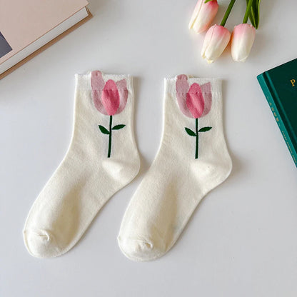 Women Socks Flower Rabbit Pattern Cute Kawaii Japanese Korean Style Cotton Harajuku Funny Breathable Casual Spring Floral Socks