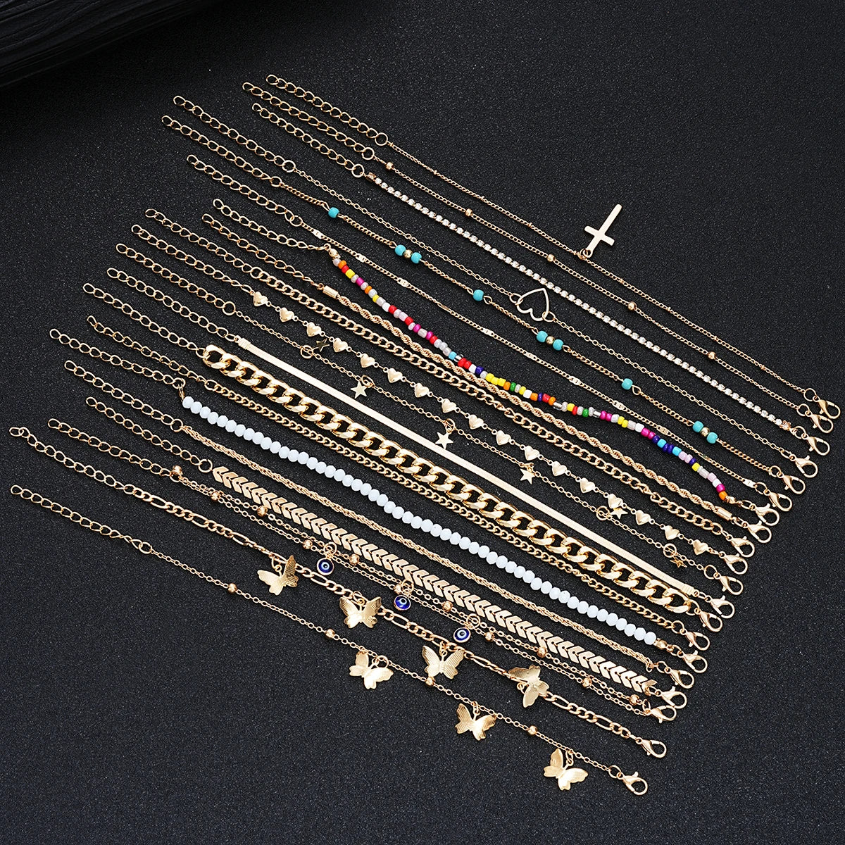 22 Pcs Minimalist Love Butterfly Shell Rhinestone Bead Anklet Set For Women Summer Beach Boho Anklets Fashion Jewelry Gifts 2024