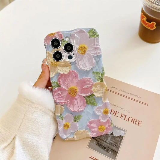 1 PC Luxury Laser Oil Painting Flowers Phone Cases For iPhone 16 15 14 13 12 11 Pro Max Plus
