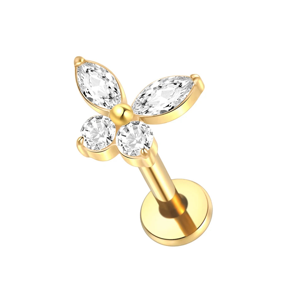 1pcs Titanium Piercing Cross Flower Stud Earring Internally Threaded Cubic Zircon Tragus Helix Piercing Body Jewelry