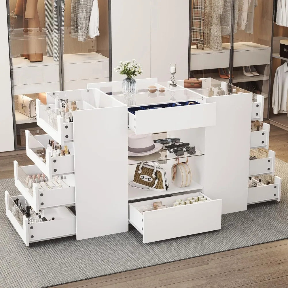 Closet Island with Drawers, Wardrobe Armoire Bedroom Island, Glass Display Shelf & 12 Drawers, White Dresser with Glass Top