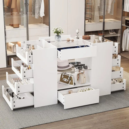 Closet Island with Drawers, Wardrobe Armoire Bedroom Island, Glass Display Shelf & 12 Drawers, White Dresser with Glass Top