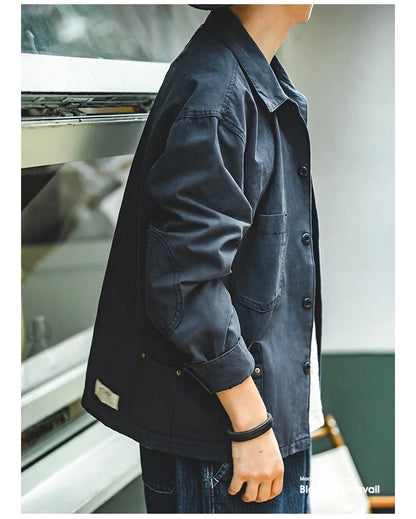 Maden Retro French Jacket Multi-Pocket Lapel Navy Heavyweight Single-breasted Hunting Coat for Men's Spring and Autumn Tops