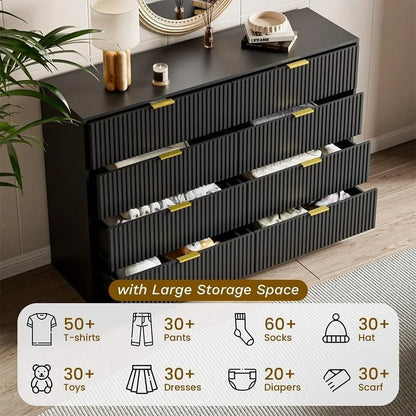55" Wide Dresser Bedroom, Fluted 8-Drawer Double Dresser with Gold Handles, Modern Tall Chest of Drawers for Bedroom, Dressers