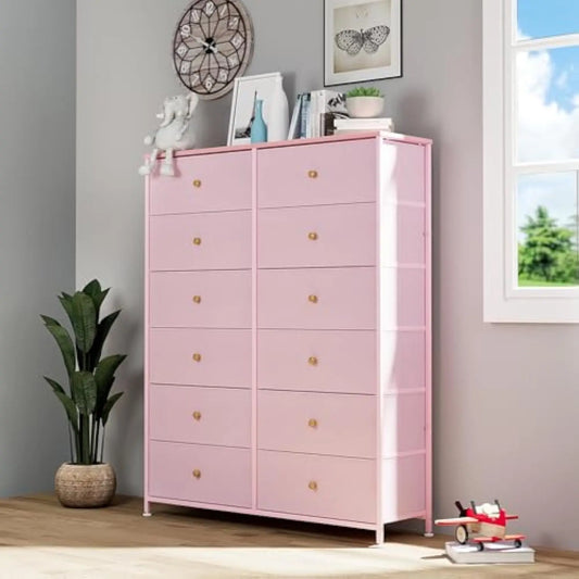 12-Drawer Dresser, 35.2’ Widened 6-Layer Fabric Storage Tower W/Textured Print Fabric Bins, Tall Chest Organizer Unit for Liv