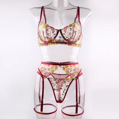 Ellolace Lingerie Sensual Lace Underwear Transparent Embroidery 3-Piece Garters Fancy Beautiful Short Skin Care Kits Intimate