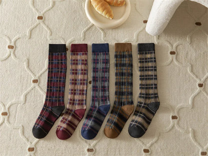 Stockings Women Harajuku Retro Vintage Plaid Long Socks Stocking JK College Style School Girls Cotton Knee Socks Women Stockings