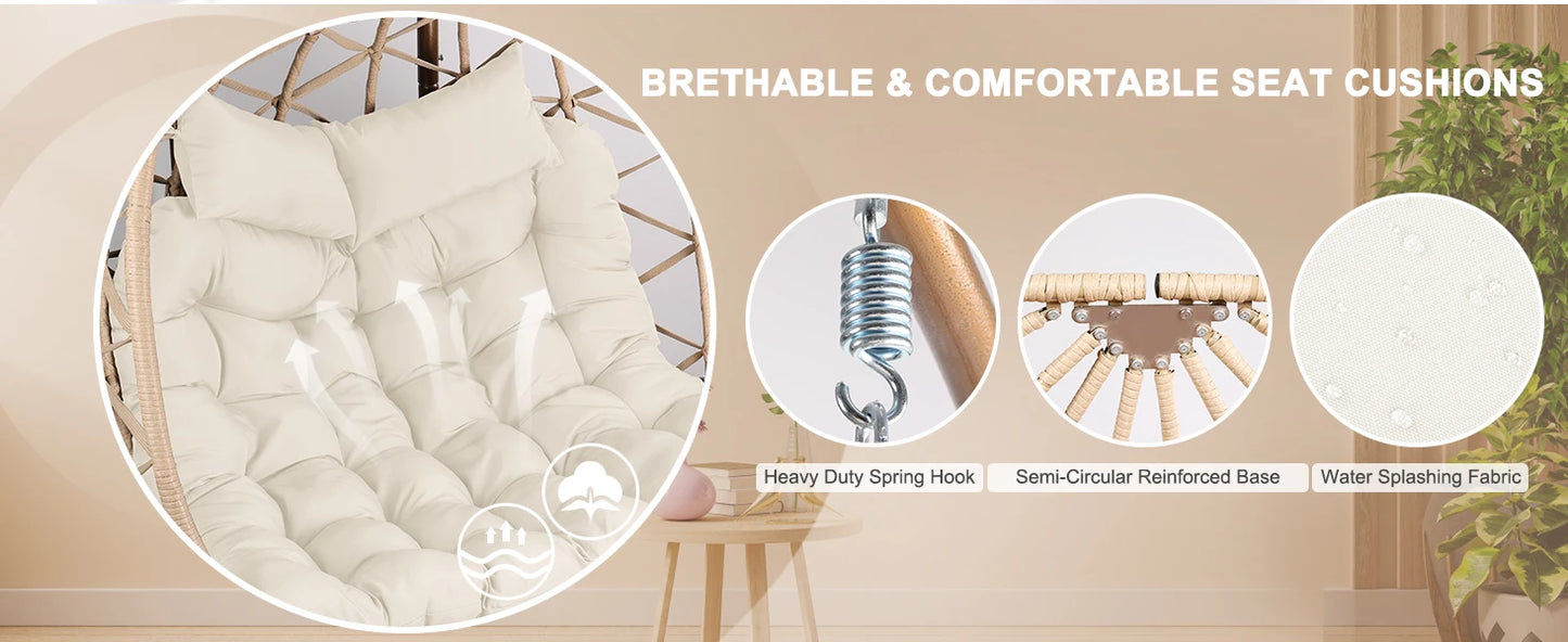 Outdoor Egg Swing Chair with Stand, 2 Person Patio Swing Chairs with Thick Cushions and Pillows, Wicker Double Egg Chair Swing