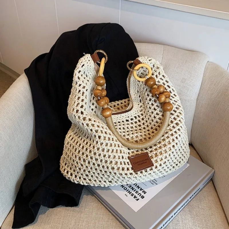 Beach Summer Bag for Women Mesh Woven Shoulder Bag Adjustable Strap Handbag Large Capacity Hobo Bag for Travel Vacation