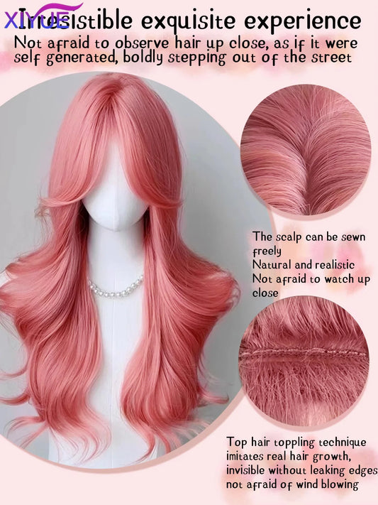 XIYUE orange pink wig Long Wavy Synthetic Wigs Middle Part Natural Wave Wig Heat Resistant Cosplay Party Daily Hair Wig for