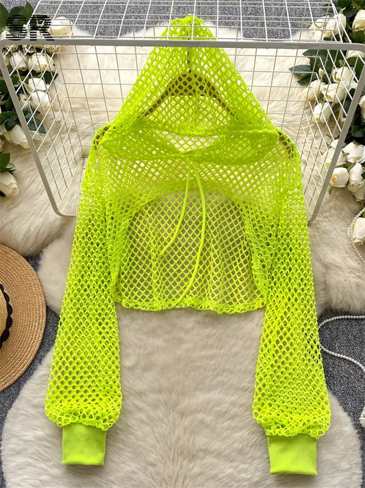 SINGREINY Summer Knitted Hooded Cadigans Women Long Sleeve Thin Streetwear Irregular Outerwear Hollow Out Sun-proof Blouses