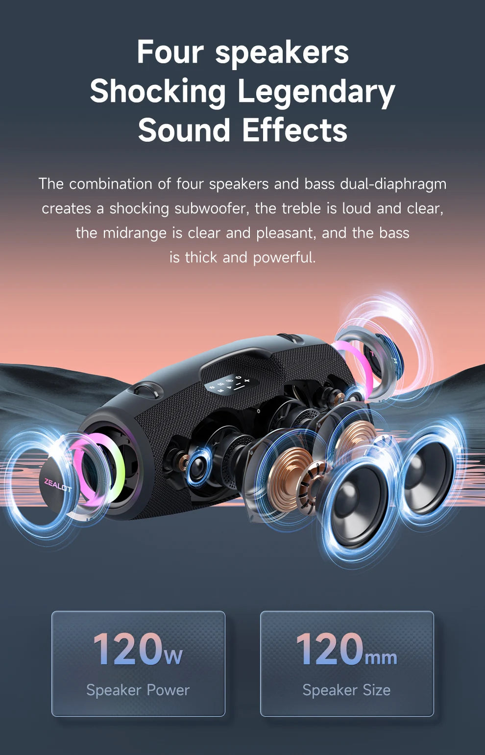ZEALOT-S78 120W Portable Bluetooth Speaker Outdoor Party Speaker Big Loud Speaker Excellent Bass Performace Hifi speaker