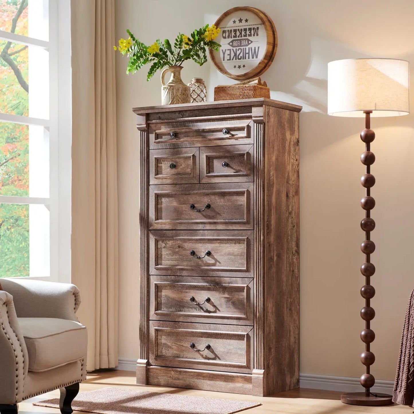 Farmhouse 7 drawer dresser, 57" large Roman column chest of drawers, bedroom, hallway, living room storage dresser.