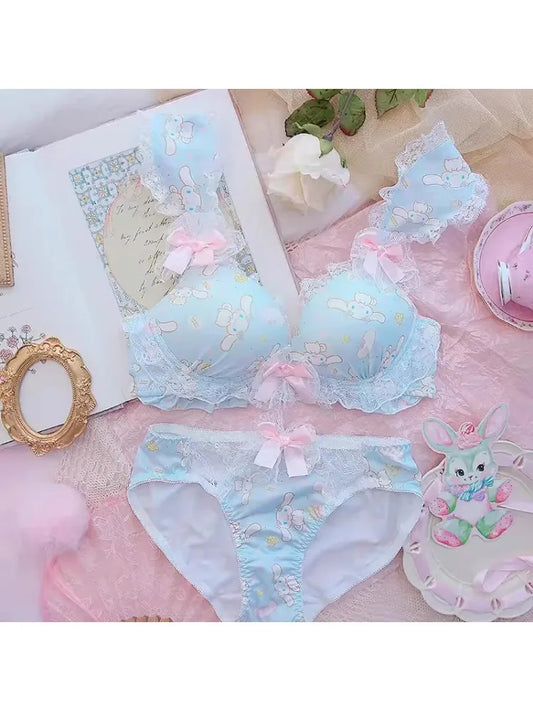 YUQI Japanese-Inspired Bra Set Wireless Bralette Small Chest Enhancer Sweet Lace Underwear Teens Soft Pure Comfort Non-Padded