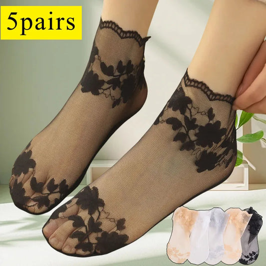 5 Pairs/Lot Summer Socks women's Lace Transparent Lolita Invisible Summer Thin Non-slip Short Ankle Black Low Cut Boat Sock