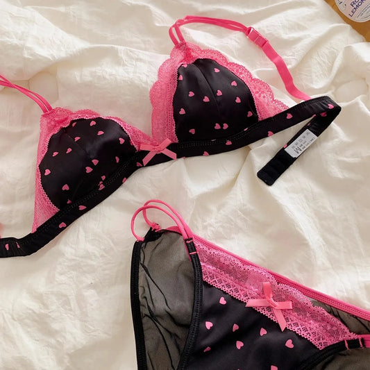 Sexy Lace Bra Set Sweet Triangle Cup Satin French Lace Small Breasts Gathered Underwear Without Steel Ring Thin Section Bra