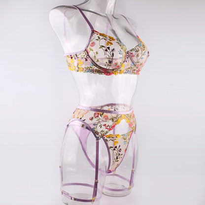 Ellolace Lingerie Sensual Lace Underwear Transparent Embroidery 3-Piece Garters Fancy Beautiful Short Skin Care Kits Intimate