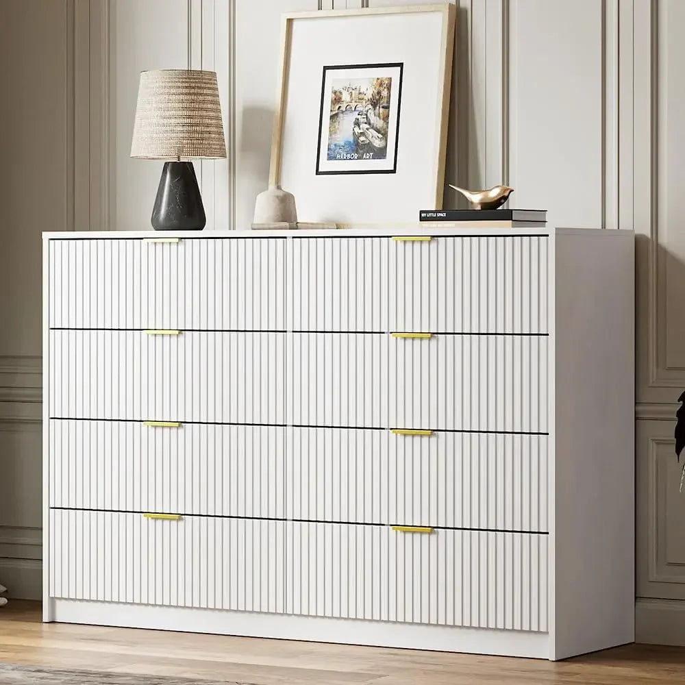 55" Wide Dresser Bedroom, Fluted 8-Drawer Double Dresser with Gold Handles, Modern Tall Chest of Drawers for Bedroom, Dressers