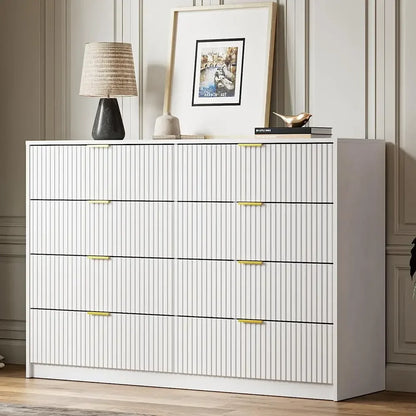 55" Wide Dresser Bedroom, Fluted 8-Drawer Double Dresser with Gold Handles, Modern Tall Chest of Drawers for Bedroom, Dressers