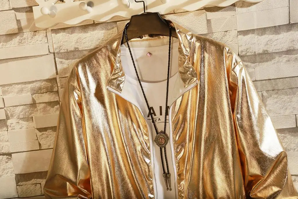 Mens Windbreaker Jackets Nightclub Stage Party Jackets Costume Streetwear Harajuku Hip Hop Reflective Jacket Gold Fashion Coats