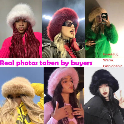 2024 Fluffy Faux Fur Bucket Hats Women Rabbit Fur Warm Thick Plush Winter Hat Lady Fashion Luxury Panama Furry Fisherman Cap Y2k