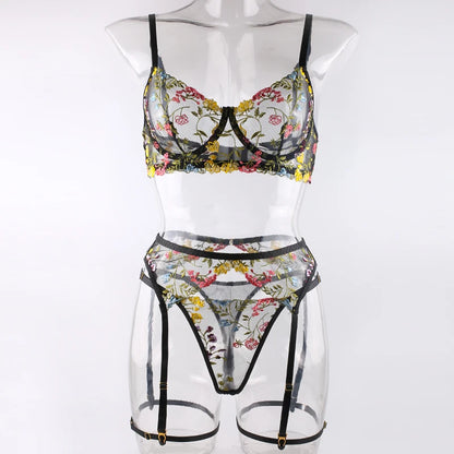 Ellolace Lingerie Sensual Lace Underwear Transparent Embroidery 3-Piece Garters Fancy Beautiful Short Skin Care Kits Intimate