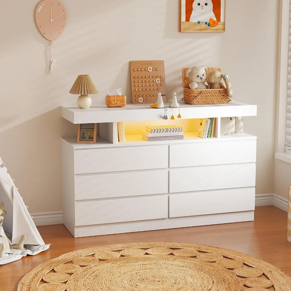 White Dresser for Bedroom with Charging Station and LED Lights, 6 Drawer Dresser Chests of Drawers, Wood Dresser