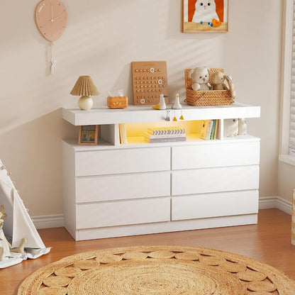 White Dresser for Bedroom with Charging Station and LED Lights, 6 Drawer Dresser Chests of Drawers, Wood Dresser
